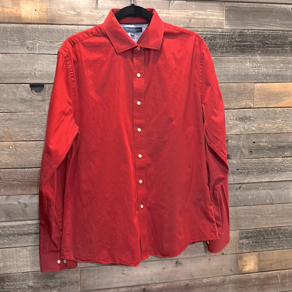 EUC Tommy Hilfiger SlimFit Men’s Red long sleeve shirt Sz L 16  1/2 36/37